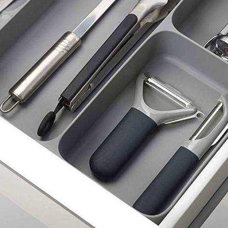 3-in-1 Besteckschubladen-Organizer, umweltfreundlich, Kunststoff, multifunktional, für Messer, Gabel, Essstäbchen, Löffel, grau (1/5)