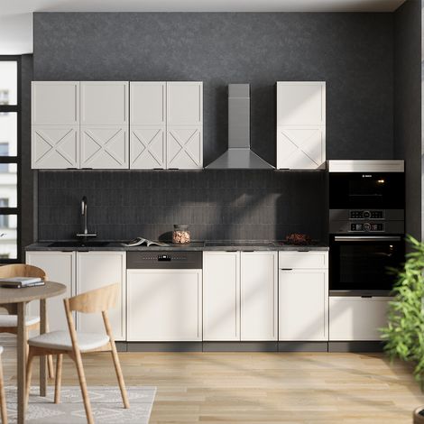 Cucina componibile Fame-Line, Grigio/beige/antracite, 300 cm con armadio alto, PL Marmo, Vicco