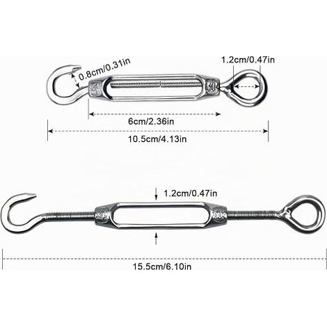 Cable Tensioner M4 Stainless Steel 304 Wire Tensioner Cable Steel Rope Hook Adjustable Hook and Eye for Clothesline Sun Shade Installation (1/4)