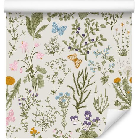 Papel pintado con flores silvestres y bayas para salón y dormitorio, 50x1000 cm. (1/5)