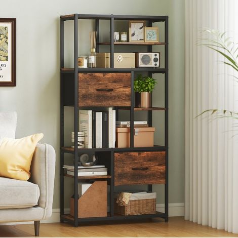 Librería estantería de pie con 9 huecos abiertos y 2 cajones de tela 72,5x30x150 cm marrón (1/5)