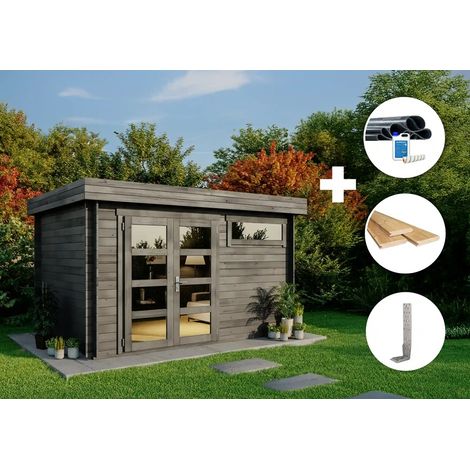 Alpholz ECO Set - Gartenhaus Leandro-28 -grau Gartenhaus aus Holz in Grau, Holzhaus mit 28 mm Wandstärke Blockbohlenhaus (1/4)