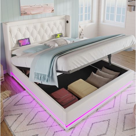 Doppelbett 140x200 cm Weiß PU mit LED-Beleuchtung, USB-C-Ladefunktion und Stauraum (1/5)