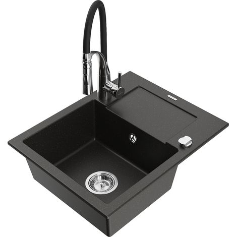 Mexen Enzo lavello in granito a 1 vasca con sgocciolatoio e miscelatore da cucina Aster, nero/oro metallico - 6506-75-73450-07 (1/5)