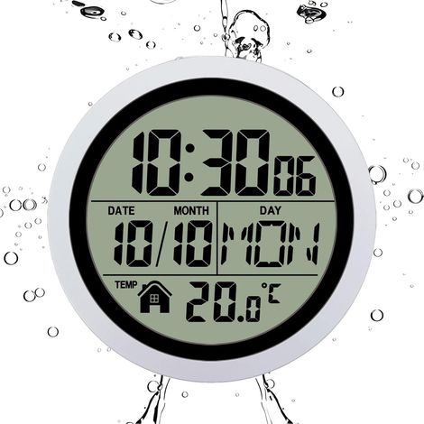 Horloge de bain Afficheur LCD étanche température date Horloge de bain à ventouse murale Pour cuisine, douche, maison, chambre, salon, bureau, appartement, piscine, , décoration (1/5)