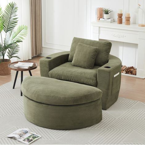Sillón lounge de pana verde con reposapiés y almacenaje lateral para salón – MEUBLIV (1/5)