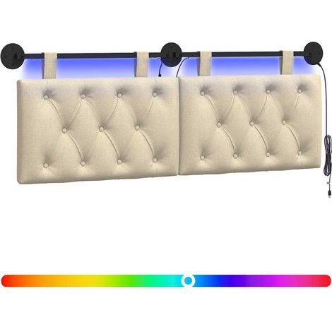 Hanging Headboard with LED Light Cream Fabric vidaXL