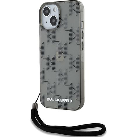 Custodia rigida nera/nera Karl Lagerfeld KLHCP15SHKDPNSK per iPhone 15/14/13 da 6,1" con motivo IML Mono KL e cordino. (1/5)