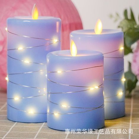 LED Angle de vision de 360 degrés, avec guirlandes lumineuses étoilées, lot de 3 bougies LED, avec télécommande à 10 touches, fonction minuterie 24 heures, flamme dansante (Bleu). (1/5)