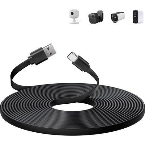 Câble Plat USB-C de 5 m, Cordon d'alimentation et de Chargement USB-C pour Blink Mini 2/Outdoor 4, Ring Pan-Tilt Indoor Cam, eufy Cam S3 Pro, SoloCam S340/S350/S220/C210 et Autres (Noir) (1/5)