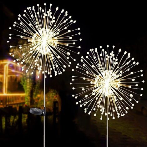 Lot de 2 guirlandes lumineuses solaires « feux d’artifice », 120 LED, 40 fils de cuivre, blanc chaud, à planter. (1/5)