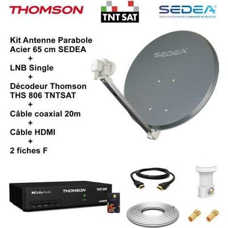 Kit Parabole Acier 65 cm - SEDEA - LNB Single Full HD 4K - Décodeur THS 806 TNTSAT - Câble HDMI 20m