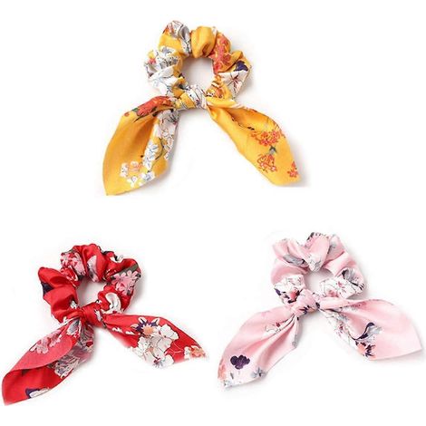 Set mit 3 elastischen Haargummis im Bohème-Stil aus weichem Stoff mit hübschen Blumen, für Frauen und Mädchen. (1/5)