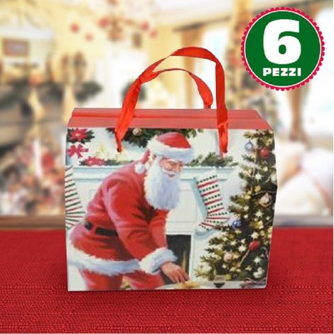 Trade Shop - 6 Geschenkboxen, klassisch, Weihnachtsmann-Print, rote Griffe, 13,5 x 11,5 x 16,5 cm - (1/2)