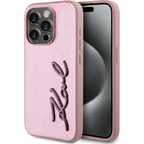 Funda metálica arrugada con la firma de Karl Lagerfeld para iPhone 15 Pro (rosa) (1/5)