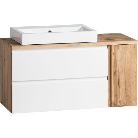 Waschtisch mit Keramik-Aufsatzbecken links VASTO-03-WHITE in Wotan Eiche Nb. mit weiß matt, B/H/T ca. 105/65,5/47 cm (1/5)