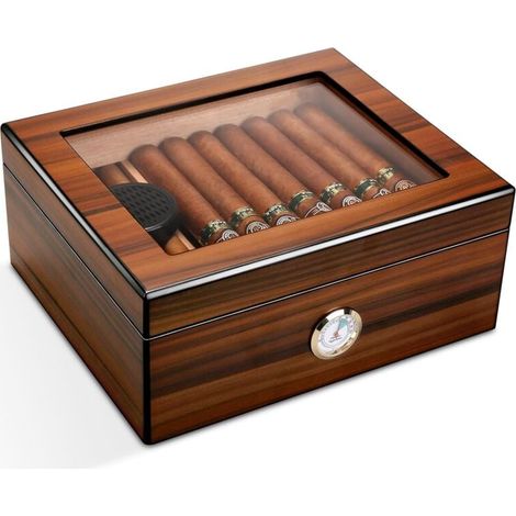 Humidor en Verre Artisanal boîte de Rangement de Bureau en Bois de cèdre avec diviseur, humidificateur et hygromètre, Brun (1/4)