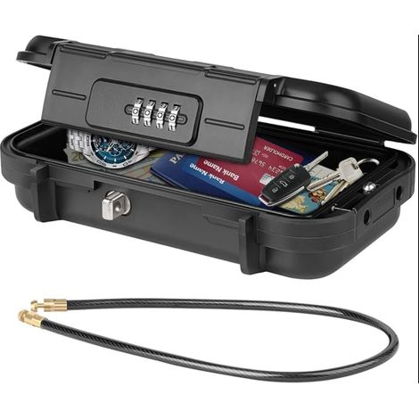 Coffre-fort Portable Mini Coffre Fort de Voyage Étanche Antivol avec Câble Métallique Amovible Maison Bureau Hôtel Voyages (Noir) (1/5)
