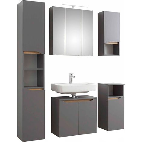 Badezimmer Komplett Set mit Spiegelschrank und Beleuchtung QENA-66 in Quarzgrau Matt Touch mit Riviera Eiche quer Nb., B/H/T ca. 125/200/33 cm (1/5)