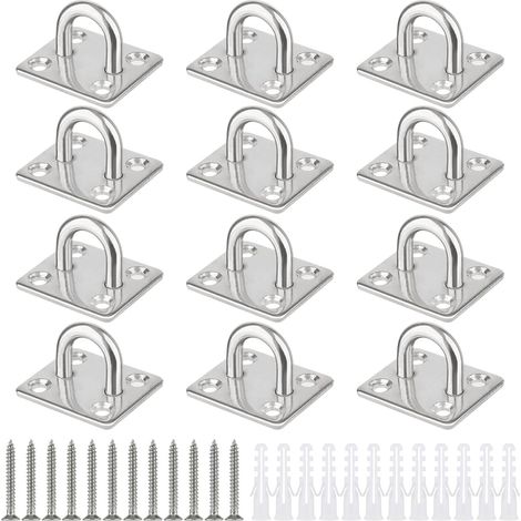 12 Pièces Plaque à Œil Inox M5, 35x30mm Crochet de Plafond en Acier Inoxydable 304 Charge 50kg, avec Vis et Chevilles, Anneau de Fixation pour Voile d'Ombrage, Hamac, Yoga, Bateau (1/5)