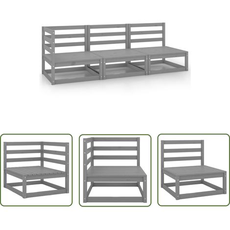 The Living Store Salon de jardin 3 pcs gris bois de pin massif - Salon De Jardin - Mobilier De Jardin - Ensemble De Salon - Canapé D'angle - Chaise Longue (1/5)