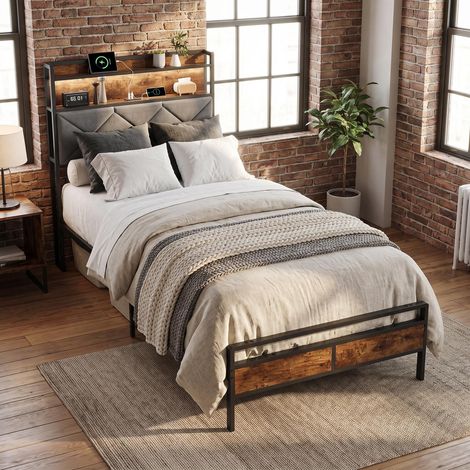 Erwachsenenbett 90x200 cm mit lattenrost und rgb led - einzelbett metall und holz industrie-design - gepolstertes kopfteil ablage usb typ-c ladefunktion - grau schwarz (1/5)