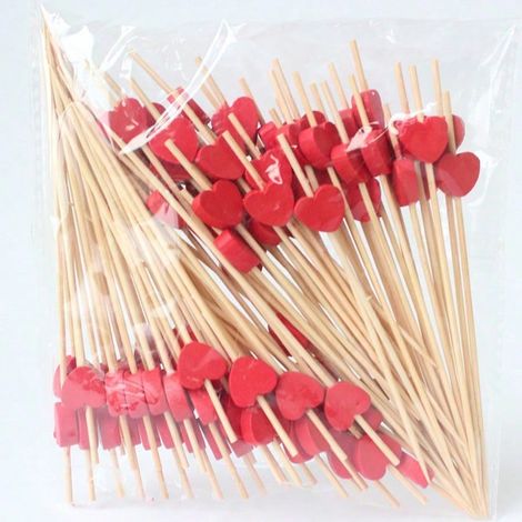 100 fourchettes à fruits jetables en bambou en forme de cœur, piques décoratives pour la Saint-Valentin, dégustation de gâteaux, bâtonnets de mélange pour fêtes (1/5)