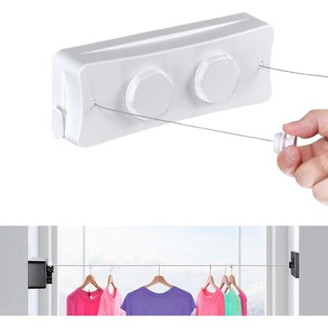 Corde à Linge Rétractable pour Balcon, 2 x 5.1M Acier Inoxydable Fil a Linge Extérieur Retractable, Etendoir Linge Exterieur Retractable, Corde à Linge Murale Intérieur (Blanc 1) (1/5)
