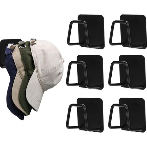 BEBUSINGOTO Perchero de pared metálico para gorras de béisbol (6 unidades), ganchos adhesivos (negro) (1/4)