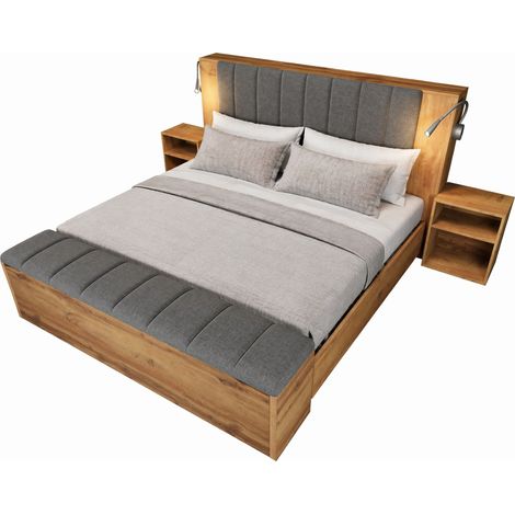 CHICFURN Lit double 160 x 200 cm avec tête de lit rabattable en tissu, rangements intégrés, deux tables de chevet, banc coffre, lampes de lecture USB, bois clair (1/5)