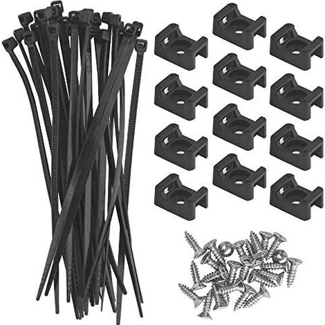 Lot de 100 supports de serre-câbles et 100 serre-câbles avec 100 vis à tête plate, gestion des câbles pour bureau et maison - Noir (taille 1) (1/5)