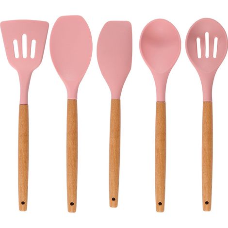 Ustensiles De Cuisine En Silicone Antiadhésif - Manche En Bois D'Acacia Naturel - Pour Cuisinière Et Four - Lot De 5 (1/5)