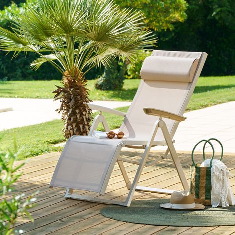 Fauteuil de jardin inclinable Decima lin & argile 8 positions en aluminium et texaline - Hespéride (1/5)
