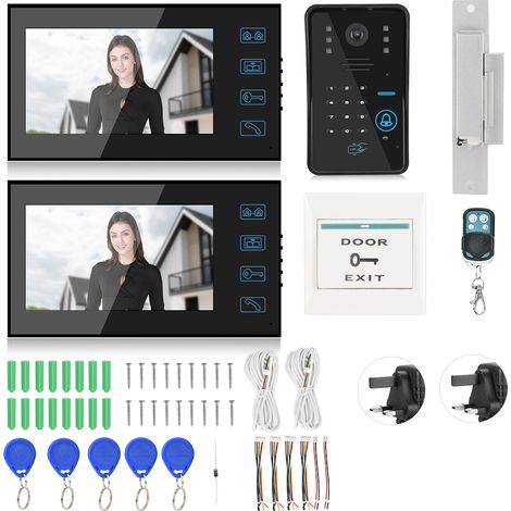 Sonnette vidéo filaire 7 pouces, 2 moniteurs, carte code, télécommande, vision nocturne, 100-240V UK