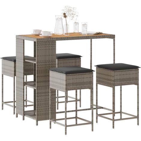 5-tlg. Gartenbar-Set mit Kissen Grau Poly Rattan