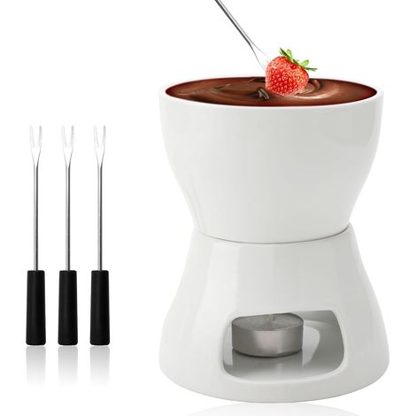Service à fondue en céramique pour fondue au chocolat, fondue au chocolat et 4 fourchettes, bol en céramique avec photophore pour chocolat, fromage, fondue, dîner de famille, dessert (1/5)