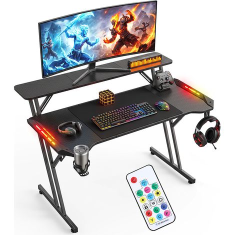 Jiubiaz Mesa gaming LED RGB 120x60 cm doble nivel patas Z carbono alfombrilla negra (1/5)