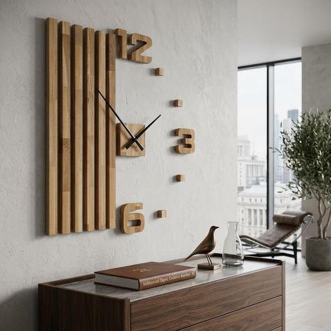 Horloges Murale 3D DIY Design Moderne geante XXL 100 cm silencieuse, Décoration pour Bureau, Salon, Chambre à Coucher Horloge Murale en chêne (Aiguilles de verrue) (1/5)