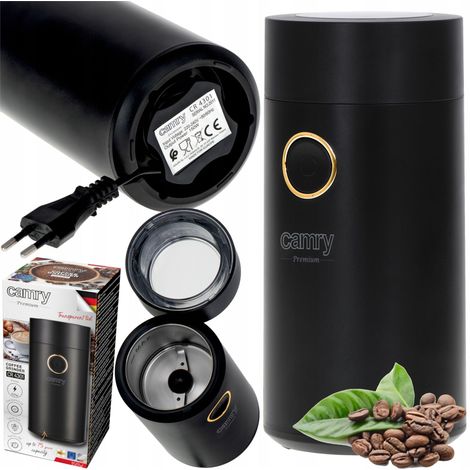 Molinillo de caf茅 el茅ctrico de 150 W con recipiente met谩lico y cierre de seguridad.