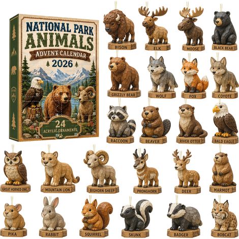 Nationalpark-Tier-Adventskalender 2026 – 24 flache 2D-Acryl-Hängeornamente – Weihnachtsbaumschmuck mit Wildtiermotiven und originelles Geschenk für Naturliebhaber (1/5)