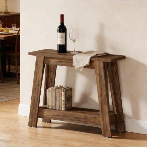 Console rustique à deux niveaux, table d’entrée et table basse étroite pour un intérieur chaleureux.
