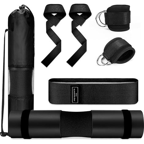 Barbell Pad - Hip Thrust Pad - Squat Pad - Gym Accessory Set with Ankle Straps Resistance Band Weight Lifting Straps - Black or Pink - 1 Set (1/3)