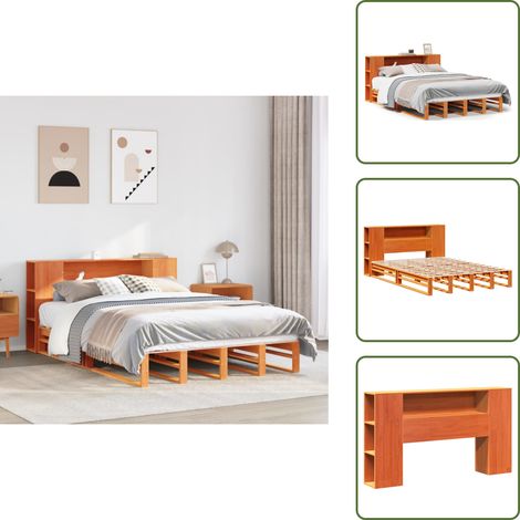 Lit bibliothèque sans matelas cire marron 135x190cm bois massif - Lit Bibliothèque - Lits Bibliothèque - Lit - Lit Double (1/5)