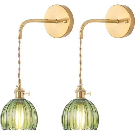 Axhup – Glass wall light vintage retro lampshade flower wall lamp – Art deco design – E27 socket – For hallway, bedroom, kitchen, living room – 2pcs green (1/5)