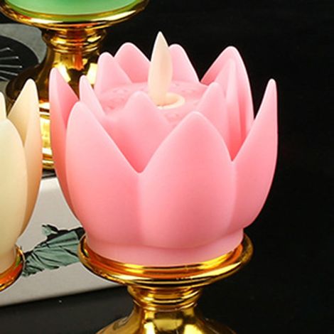 Lot LED imitation bougie lotus arc-en-ciel sur base dorée, décoration bouddhiste pour autel Guanyin & Dieu de la richesse, flamme éternelle (sans batterie intégrée), rose (1/3)