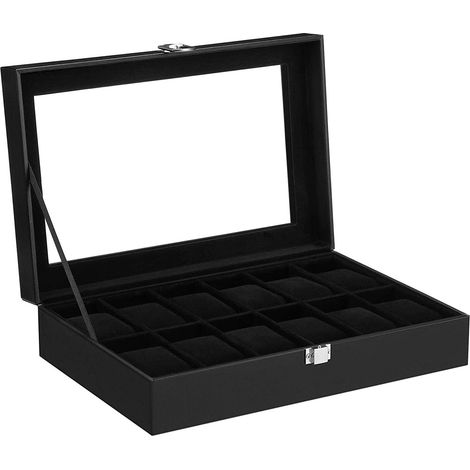 Caja para relojes con 12 compartimentos estuche para relojes con cerradura y tapa de cristal expositor para relojes con cojines extraíbles 32,5 cm cuero sintético negro 120002230 (1/3)