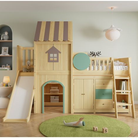 DESVIAE Lit mezzanine maison avec toboggan escalier à trois marches rangements intégrés bois naturel et vert 90 x 200 cm (1/5)