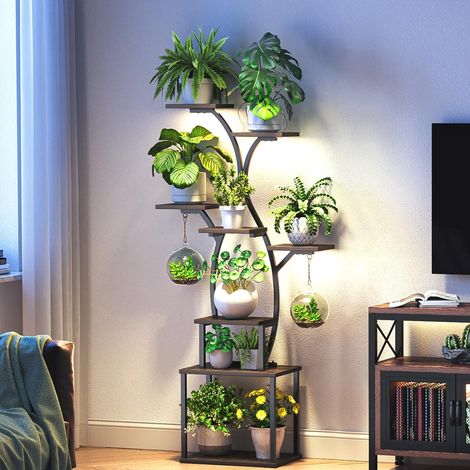 Support Plantes 150cm – 8 étagères, LED croissance, métal noir Support plantes 150cm 8 étagères LED croissance + minuterie Métal noir + bois Int (1/5)