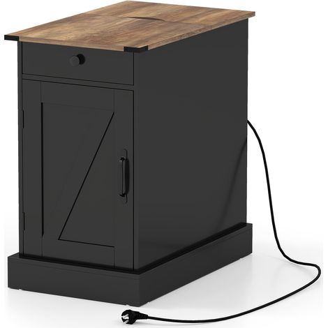 Mesita de noche con estación de carga, cajón y tapa plegable, color negro