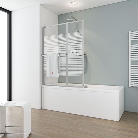 Pare-baignoire pliant, sans percer, 109 x 140 cm, écran de baignoire pivotant à coller, paroi de baignoire 2 volets Schulte, verre 3 mm, profilé alu argenté, décor sérigraphié rayures horizontales